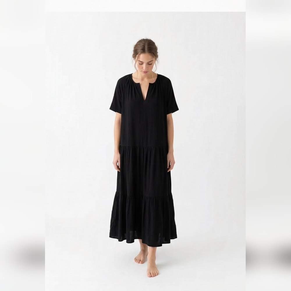 Raviya Black Maxi Dress Tiered Crinkled Shift Minimalist Cottage Beach 1X NWT